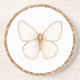 Dessous De Verre En Grès Papillon Blanc Pailleté Faux Or