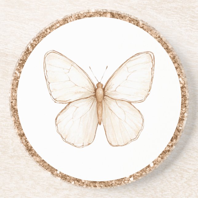 Dessous De Verre En Grès Papillon Blanc Pailleté Faux Or   (Devant)