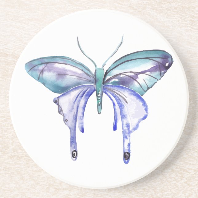 Dessous De Verre En Grès papillon bleu aqua violet aquarelle (Devant)