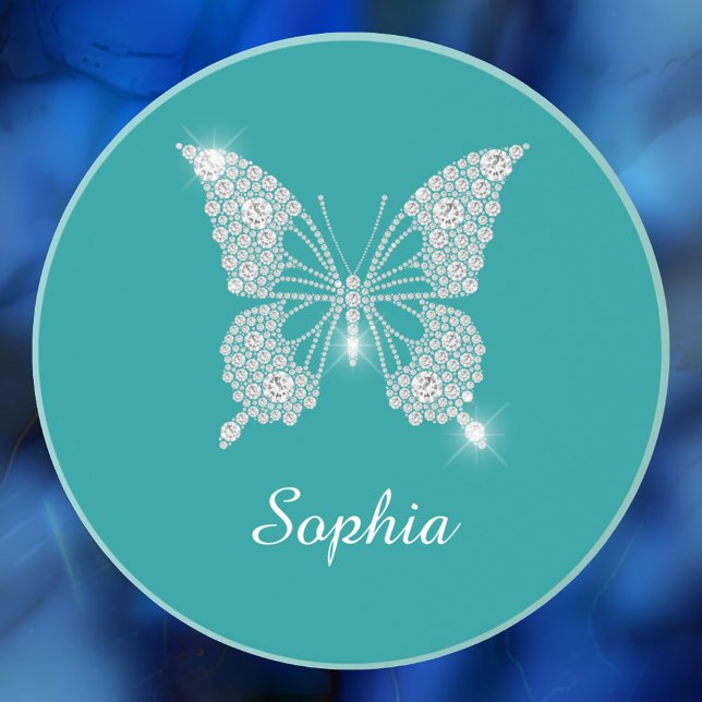 Dessous De Verre En Grès Papillon Diamant Blanc, Nom de Script, Turquoise P (Créateur téléchargé)