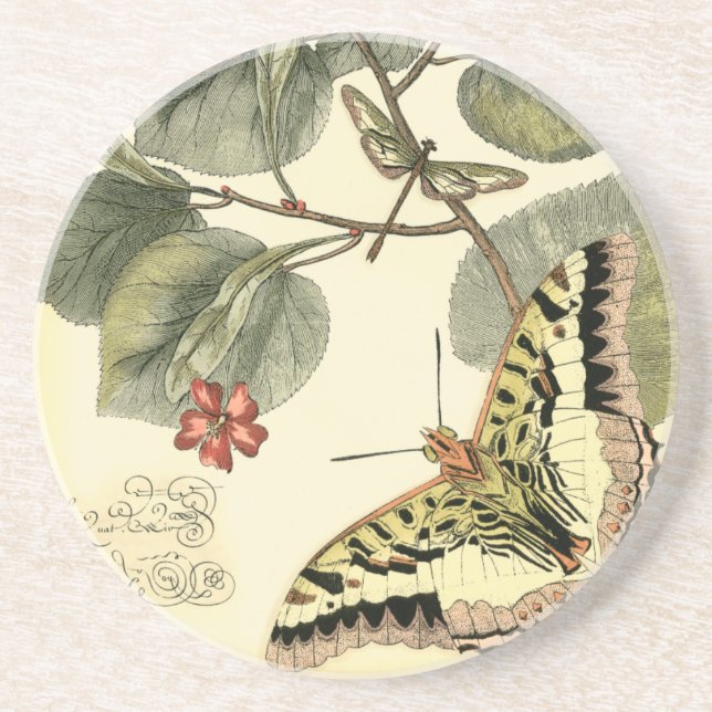Dessous De Verre En Grès Papillon et libellule à fleurs rouges (Devant)