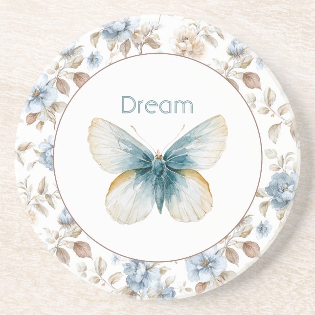 Dessous De Verre En Grès Papillon Fleurs Marron Crème Bleu Tan (Devant)