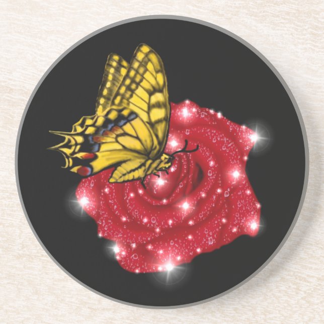 Dessous De Verre En Grès Papillon sur rose rouge avec étoiles et gouttes de (Devant)
