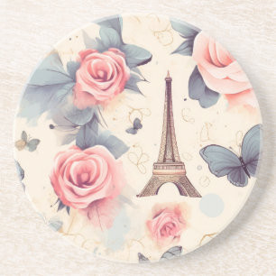 Dessous De Verre En Grès Papillon Tour Eiffel et Motif Rose