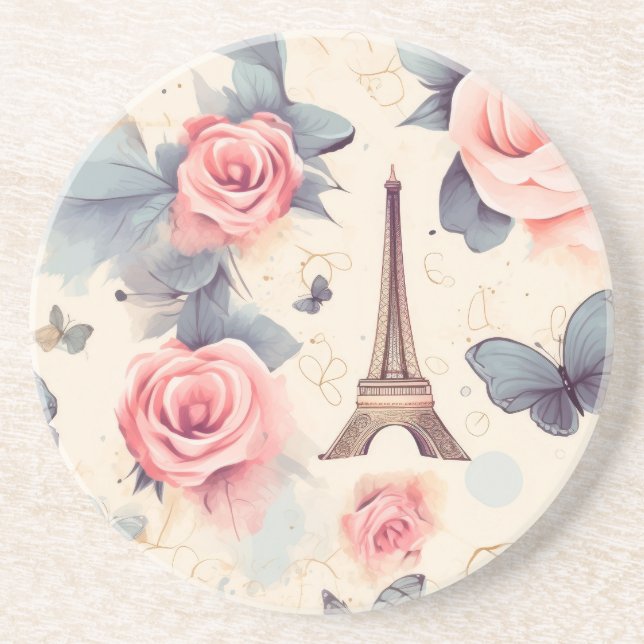 Dessous De Verre En Grès Papillon Tour Eiffel et Motif Rose (Devant)