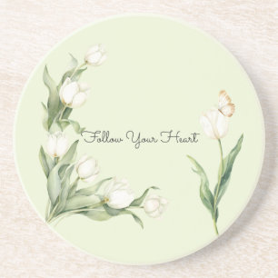 Dessous De Verre En Grès Papillon Tulipes Blanches Vert Menthe  