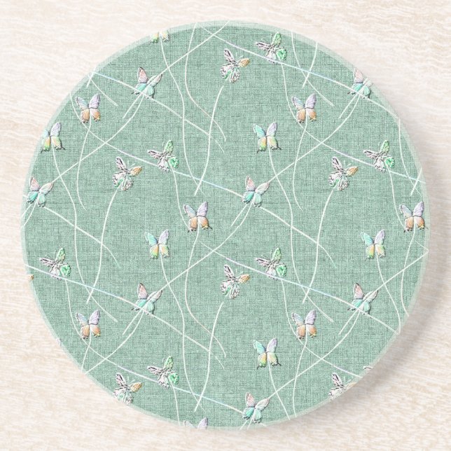 Dessous De Verre En Grès Papillons à l'aquarelle sur fond vert menthe  (Devant)