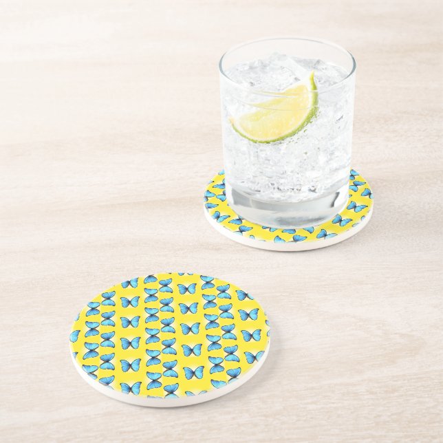 Dessous De Verre En Grès Papillons bleus motif sur jaune (Côté)