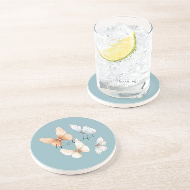 Dessous De Verre En Grès Papillons bleus pêche  (Côté)