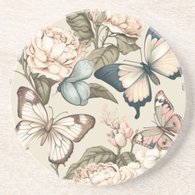 Dessous De Verre En Grès Papillons et fleurs pastel (Devant)