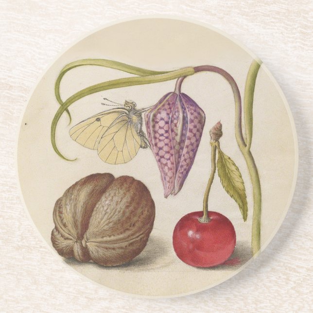 Dessous De Verre En Grès Papillons noix Fleur Cerisier Aquarelle Art (Devant)