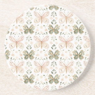 Dessous De Verre En Grès Papillons Rose Pâle Vert Menthe