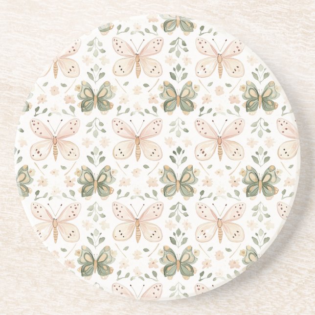 Dessous De Verre En Grès Papillons Rose Pâle Vert Menthe  (Devant)
