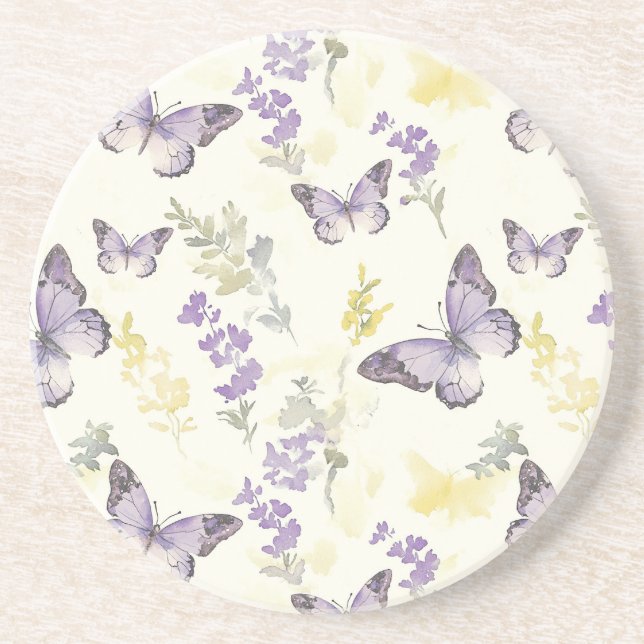 Dessous De Verre En Grès Papillons Violets Fleur de Lavande (Devant)