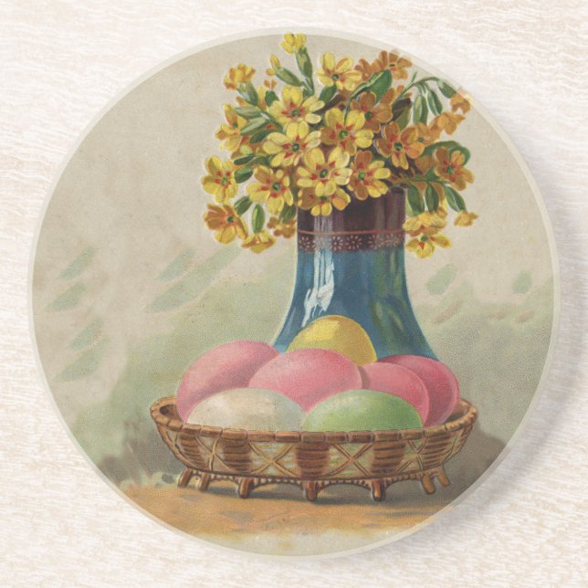 Dessous De Verre En Grès Pâques Panier Œufs Fleurs Antique (Devant)