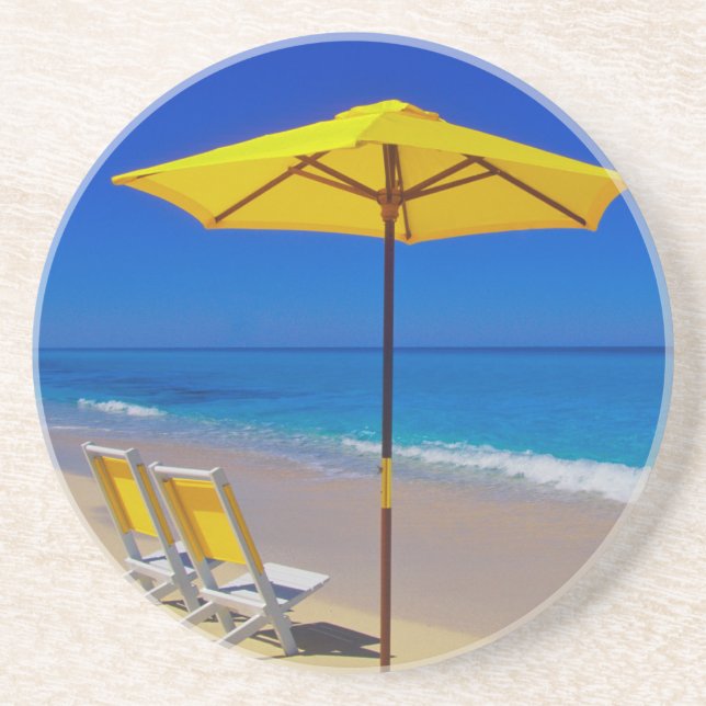 Dessous De Verre En Grès Parapluie de plage jaune et chaises sur plage imma (Devant)