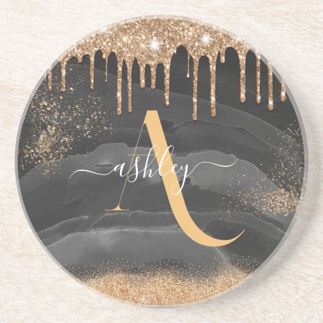 Dessous De Verre En Grès Parties scintillant de goutte d'or Monogramme méta (Devant)