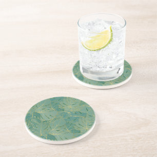 Dessous De Verre En Grès Paume vert et or feuille motif