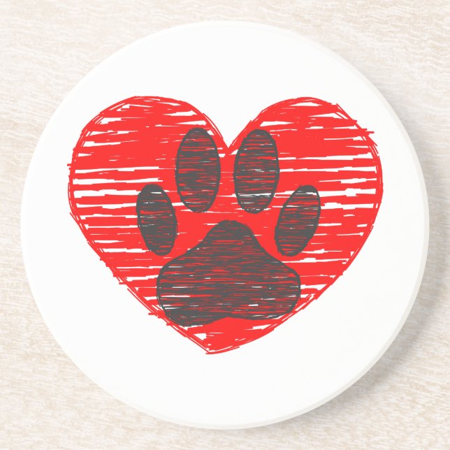 Dessous De Verre En Grès Paw Chien Croquis Dans Le Coeur Rouge (Devant)