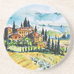 Dessous De Verre En Grès Paysage avec des arbres de ville et de cyprès