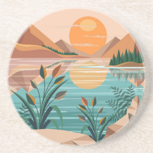 Dessous De Verre En Grès Paysage de coucher de soleil au lac de montagne pa