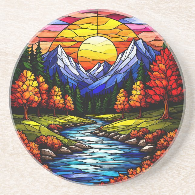 Dessous De Verre En Grès Paysage en vitrail (Devant)