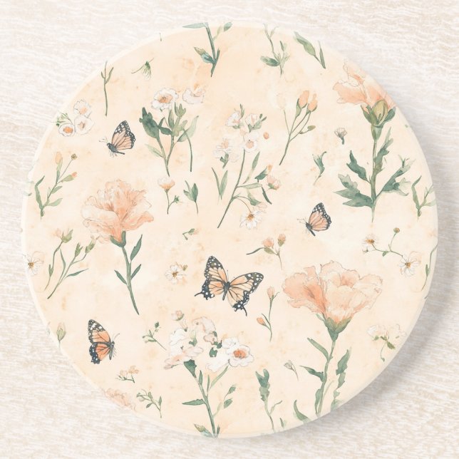 Dessous De Verre En Grès Peach Butterflies Floral (Devant)