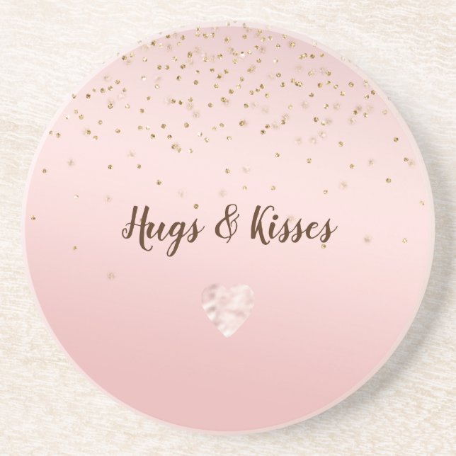Dessous De Verre En Grès Peach Pink Blush Gold Glitz Confetti Coeur étincel (Devant)