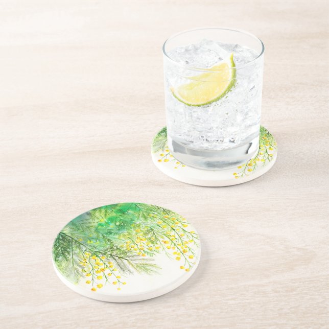 Dessous De Verre En Grès Peinture à l'aquarelle jaune brillant Mimosa (Côté)