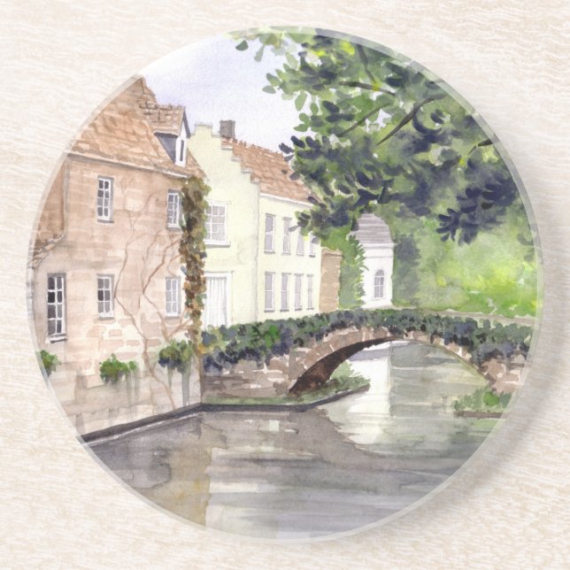 Dessous De Verre En Grès Peinture aquarelle de Bruges par Farida Greenfield (Devant)
