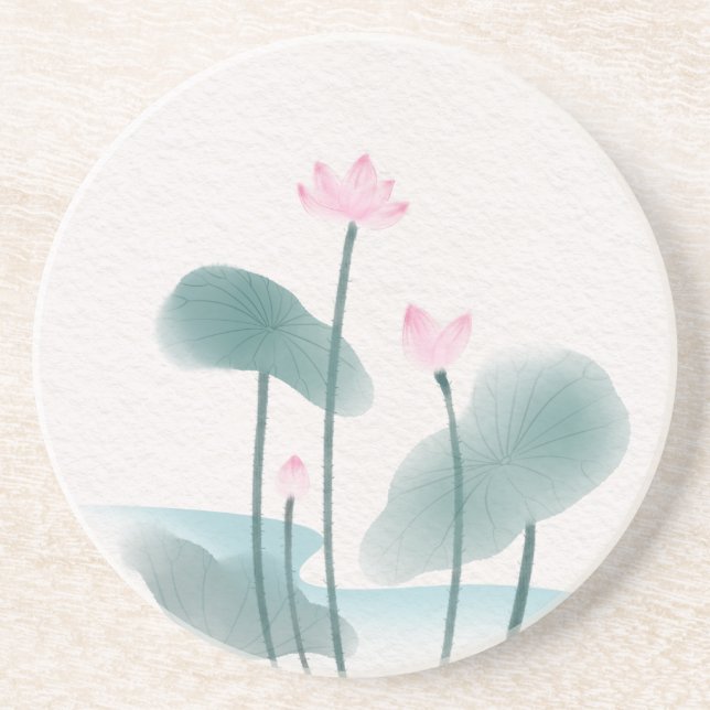 Dessous De Verre En Grès Peinture aquarelle Lotus Floral (Devant)