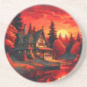 Dessous De Verre En Grès Peinture coucher de soleil avec chalet et lac-6663