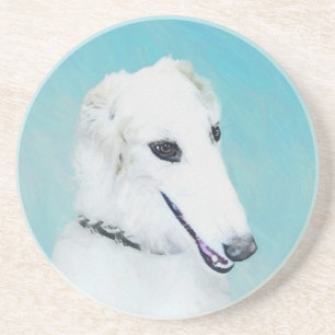 Dessous De Verre En Grès Peinture de Borzoi (Blanc) - Joli Chien d'origine