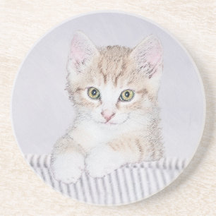 Dessous De Verre En Grès Peinture de Chaton Marbré Orange - Art Félin Origi