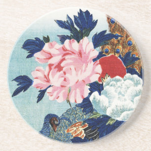 Dessous De Verre En Grès Peinture de fleurs de paon et de pivoines vintage