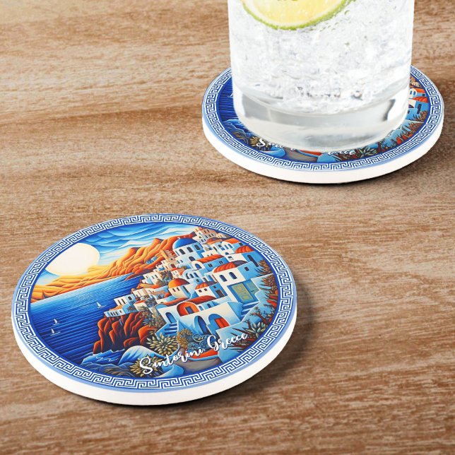 Dessous De Verre En Grès Peinture de Santorin Grèce | Art du voyage (Santorini Greece Painting | Travel Art Coaster)