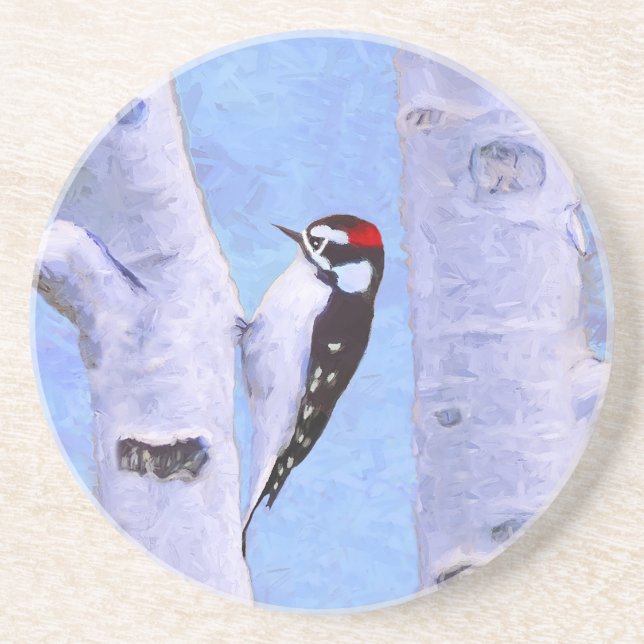 Dessous De Verre En Grès Peinture Downy Woodpecker - Art original pour oise (Devant)