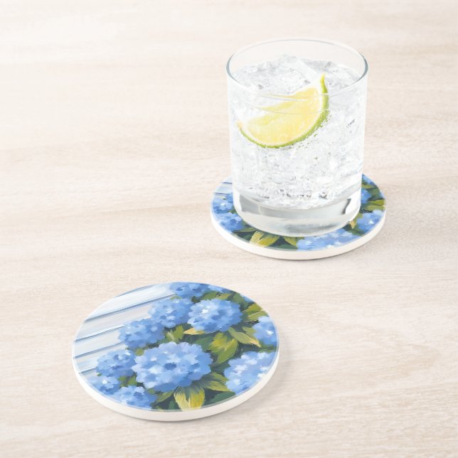 Dessous De Verre En Grès Peinture florale d'hortensias bleus (Côté)