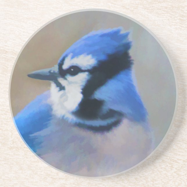 Dessous De Verre En Grès Peinture Jay Bleu - Art Oiseau Original (Devant)