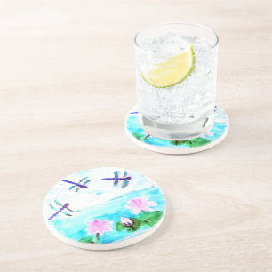 Dessous De Verre En Grès Peinture nénuphar à l'étang avec libellule