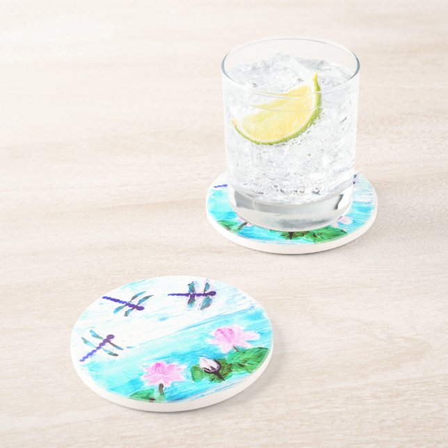 Dessous De Verre En Grès Peinture nénuphar à l'étang avec libellule (Côté)