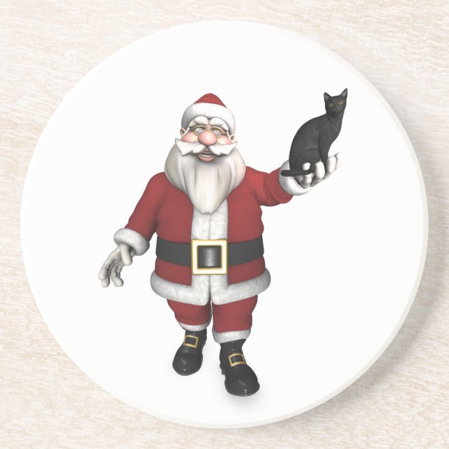 Dessous De Verre En Grès Père Noël Avec Chat Noir (Devant)