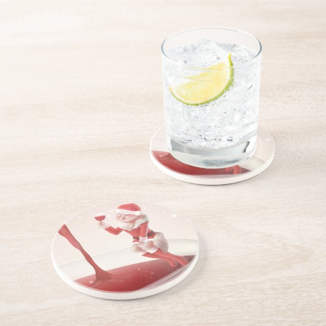 Dessous De Verre En Grès Père Noël Chat tenant du verre Vin rouge (Côté)