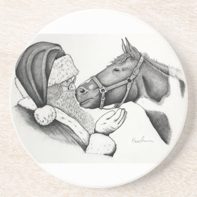 Dessous De Verre En Grès Père Noël de Noël et Cheval de Peinture (Devant)