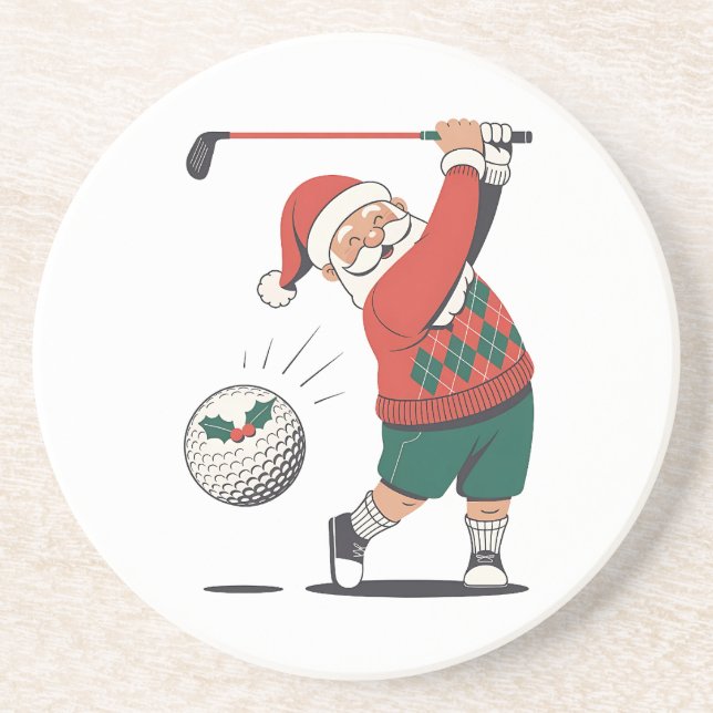 Dessous De Verre En Grès Père Noël Jouer Golf Joueur de Noël (Devant)