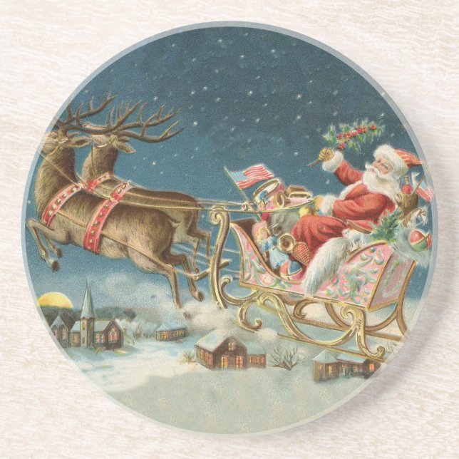 Dessous De Verre En Grès Père Noël Noël Antique Traîneau Renne (Devant)