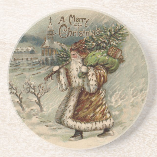 Dessous De Verre En Grès Père Noël victorien avec arbre de Noël (Devant)