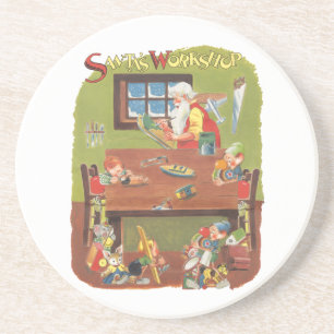 Dessous De Verre En Grès Père Noël vintage avec des lutins dans l'atelier d