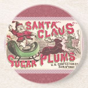 Dessous De Verre En Grès Père Noël Vintage Prunes de Sucre Publicité Antiqu