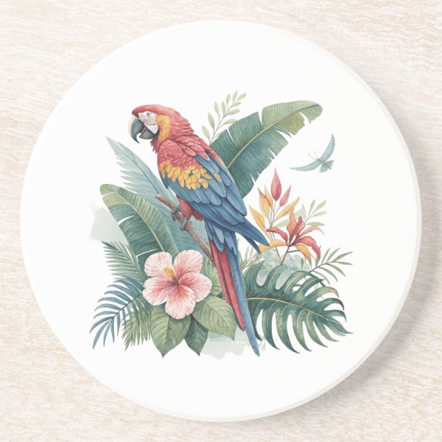 Dessous De Verre En Grès Perroquet avec fleurs (Devant)